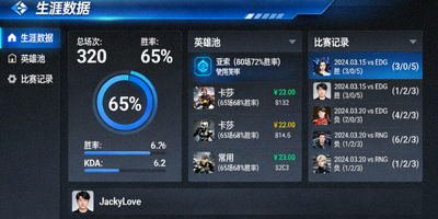 电竞选手数据库界面 - 显示选手生涯数据、英雄池与比赛记录